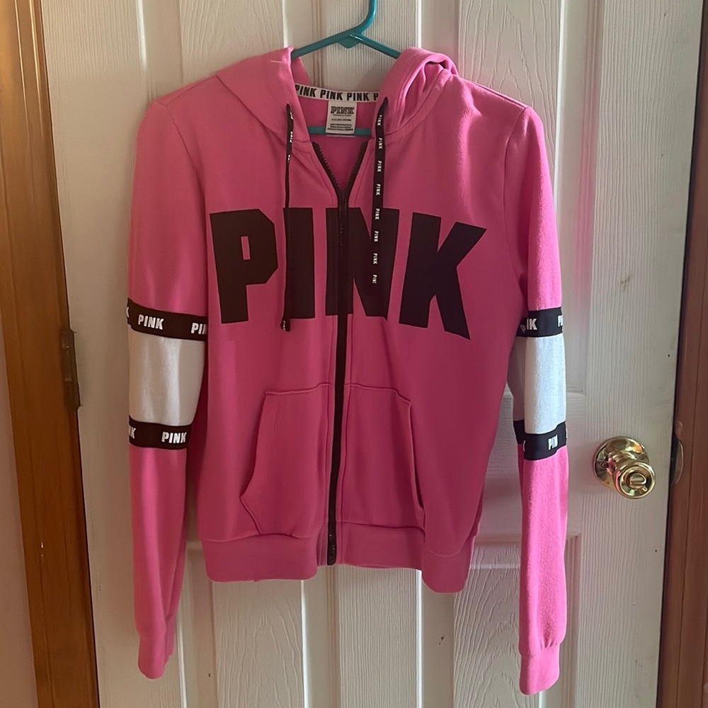 Victoria’s Secret PINK small hot pink and black zip up hoodie sweatshirt